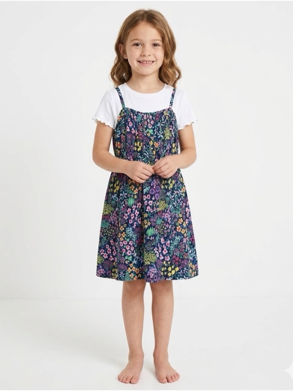 Girls Floral Cami Sundress in Navy with Flowers And Short Sleeve Tee! - Picture 2 of 9